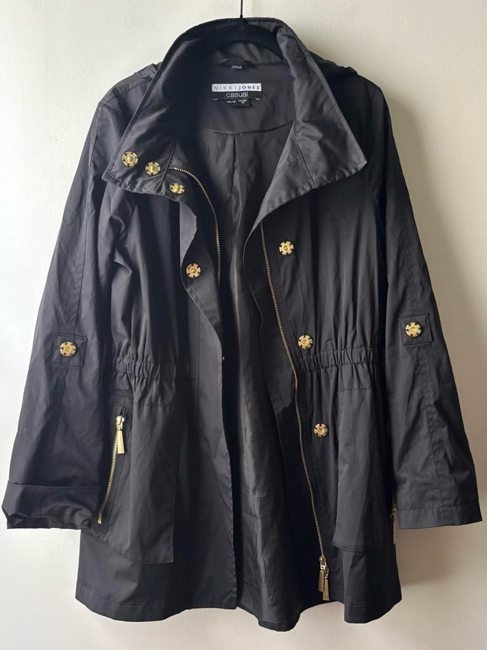Nikki Jones casual black zip up raincoat